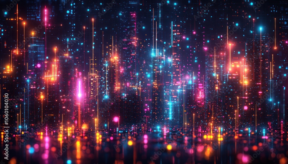 Poster Neon-lit cityscape with a digital grid pattern