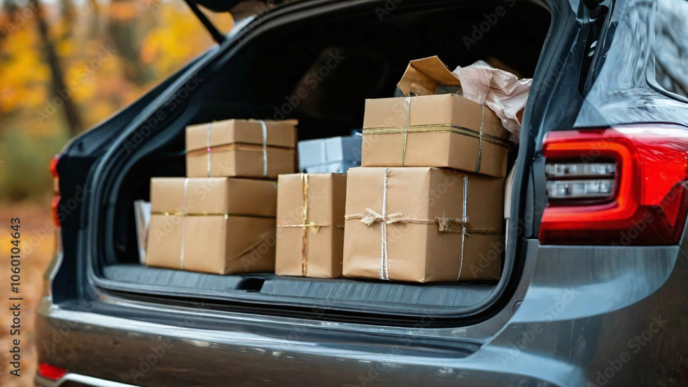 Poster the trunk of the car, which contains several cardboard boxes of different sizes. the trunk is open a