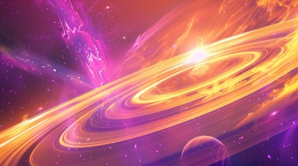 Fototapeta premium A vibrant cosmic scene featuring rings around a planet amidst colorful space phenomena.