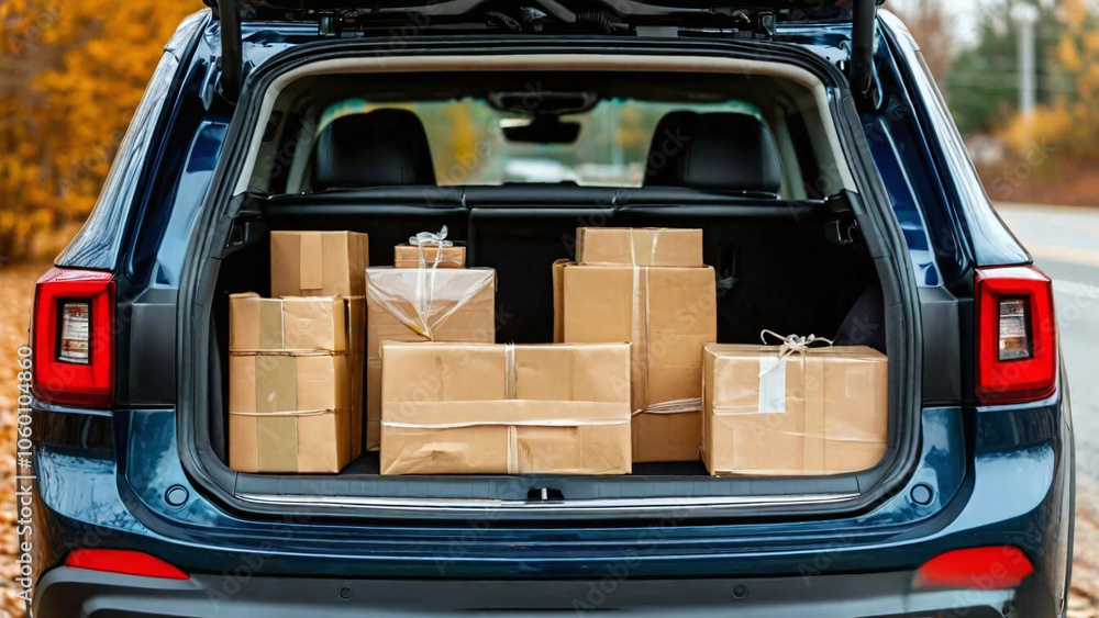 Poster the trunk of the car, which contains several cardboard boxes of different sizes. the trunk is open a