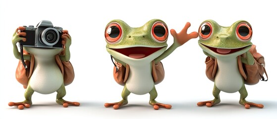 Fototapeta premium Three cute cartoon frogs with backpacks and a camera.