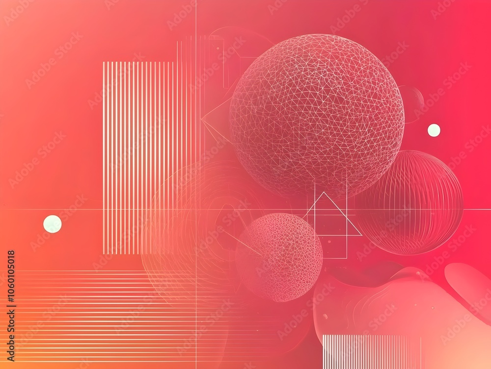 Poster an abstract digital artwork featuring interconnected spheres and geometric shapes in vibrant shades 