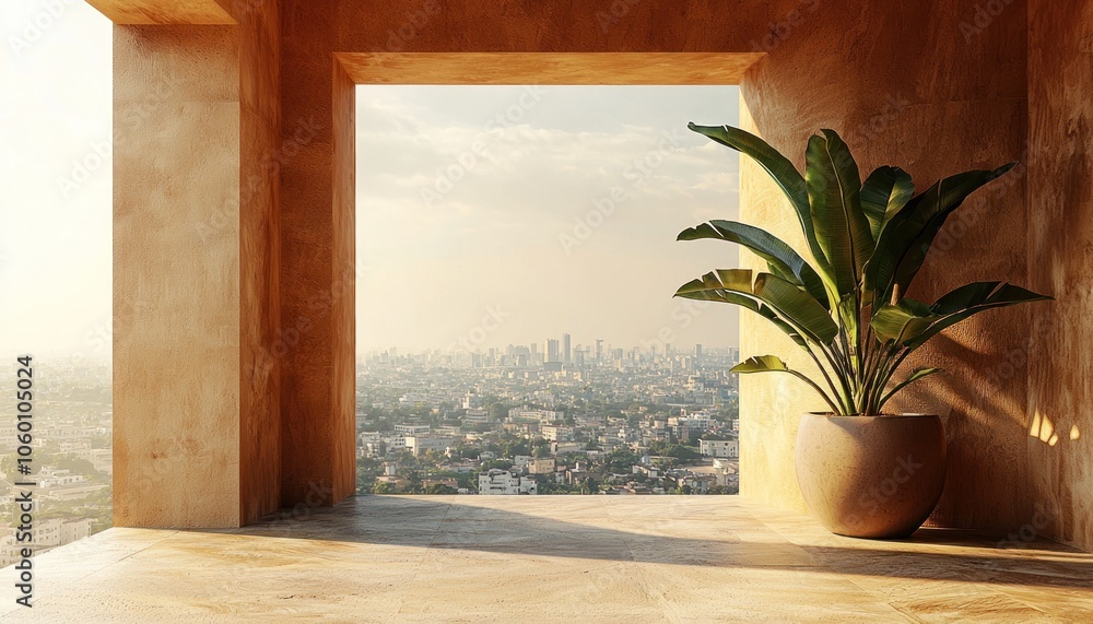 Poster city view through a window in a minimalist architectural space