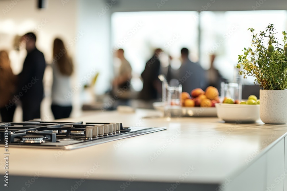 Poster empty kitchen countertop ideal for product display with blurred figures in the background