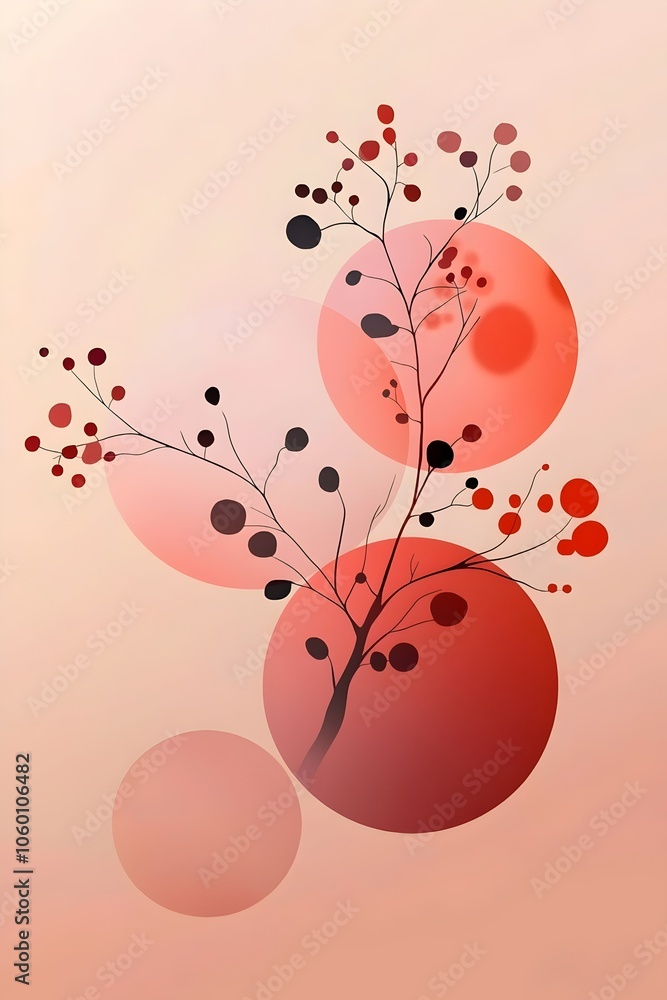 Poster an elegant abstract design featuring a delicate branch with circular accents in shades of red and bl