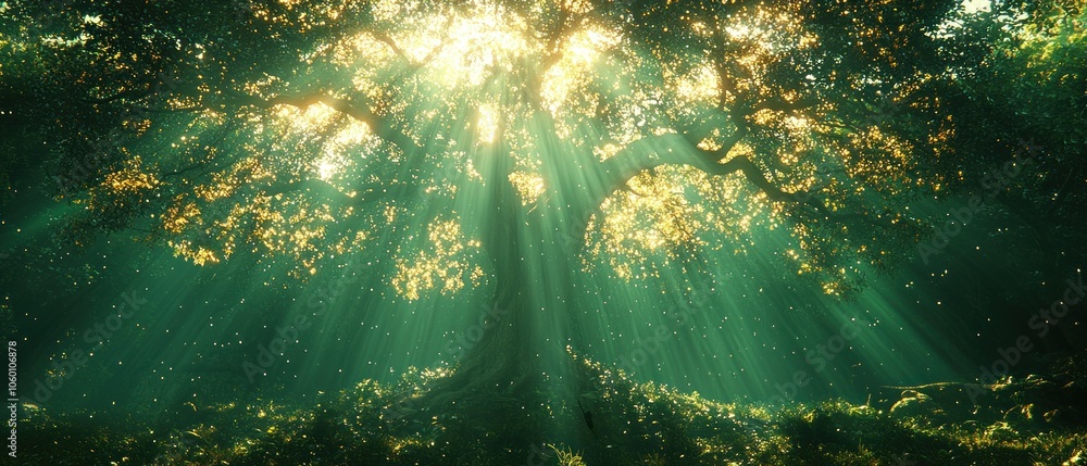 Poster Sunbeams Filtering Through Lush Tree Canopy in a Forest