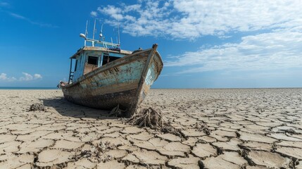 Obraz premium Climate Change Impact: Desolate Fishing Boat Stranded on Dry Shoreline Reflecting Disrupted Livelihoods | Ultra-Detailed