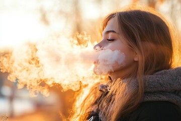 Young individual exhaling a thick cloud of smoke from an electronic vape in a captivating moment