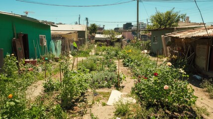 Fototapeta premium Flourishing Urban Garden: A Symbol of Community Action Against Food Scarcity and Environmental Degradation