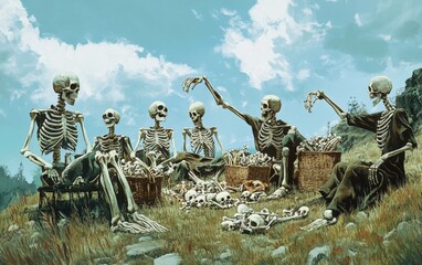 Skeleton Picnic: A group of skeletons having a picnic on a grassy hill, with picnic baskets full of bones, and one skeleton accidentally losing an arm 