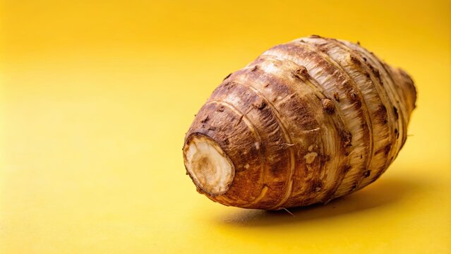 Closeup of taro root vegetable, eddo malanga, on yellow background, taro, root vegetable, eddo malanga, closeup, texture