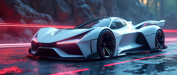 An electric supercar against a backdrop of neon-lit rocks.