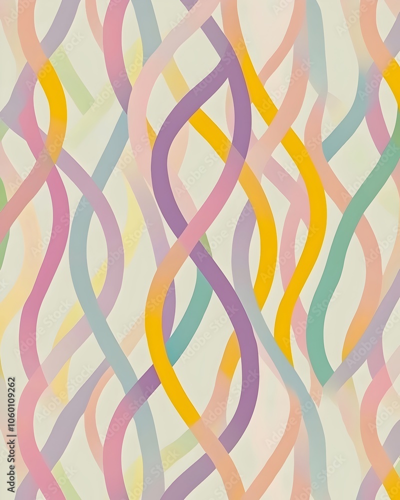 Poster an abstract design featuring intertwining curves in soft pastel colors, creating a whimsical and dyn