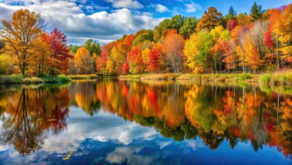 Fototapeta premium The reflection of changing colors on a still pond amidst autumn foliage, pond, fall