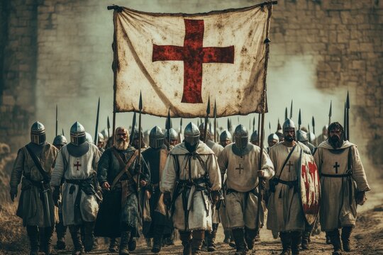 Crusaders marching under a cross banner  a symbol of religious wars and the crusades