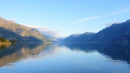 Fototapeta premium Tranquil fjord landscape with mirror-like reflection of mountains and sky, idyllic, reflection, scenery