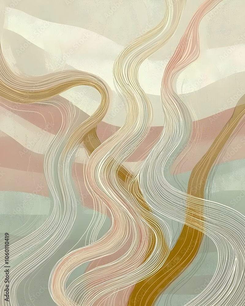 Poster abstract artistic design featuring flowing lines in soft pastel colors, creating a serene and fluid 