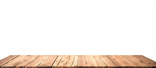 Fototapeta premium Wooden table top for product display, isolated on white background, ideal for merchandise presentation, clean and simple design, versatile use in marketing and advertising