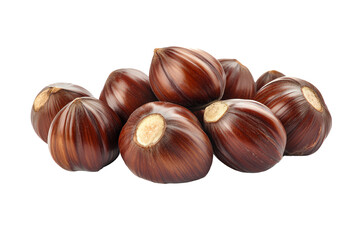 A pile of shiny chestnuts on a white isolated background, showcasing their rich brown color and smooth texture.