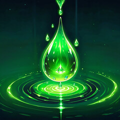 Fototapeta premium A large, glowing green liquid drop falls onto a surface, creating concentric ripples. Smaller droplets fall around it, and the background is a dark green with subtle light beams.