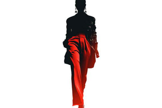 A silhouette of a person in formal attire, walking with confidence, showcasing a striking red skirt that flows elegantly.