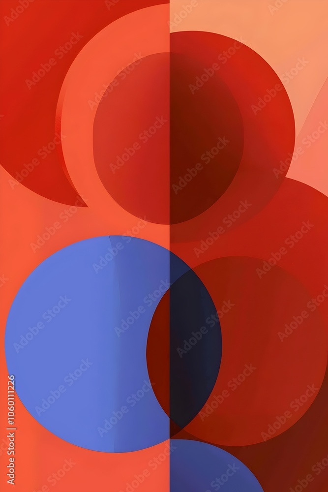 Poster a vibrant abstract composition featuring overlapping circles in shades of red and blue, creating a s