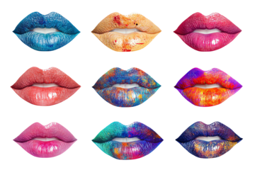 A vibrant collection of artistic lips in various colors and styles on a white isolated background.