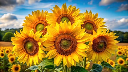 Obraz premium Vibrant bouquet of sunflowers with large bright yellow petals and dark centers standing upright in a field, sunflowers, bright