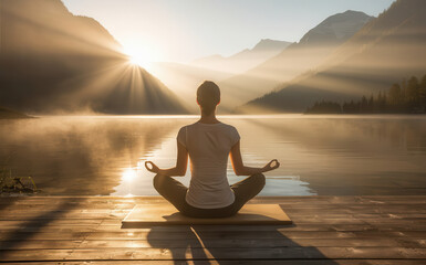 serene photograph of person meditating by tranquil lake at sunrise, surrounded by mountains and soft mist. warm sunlight creates peaceful atmosphere