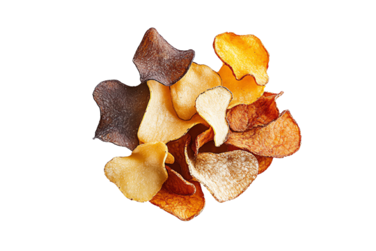 A vibrant mix of crispy potato chips in various colors and textures on a white isolated background.