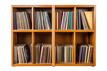 A wooden vinyl record shelf filled with colorful LP records against a white background.