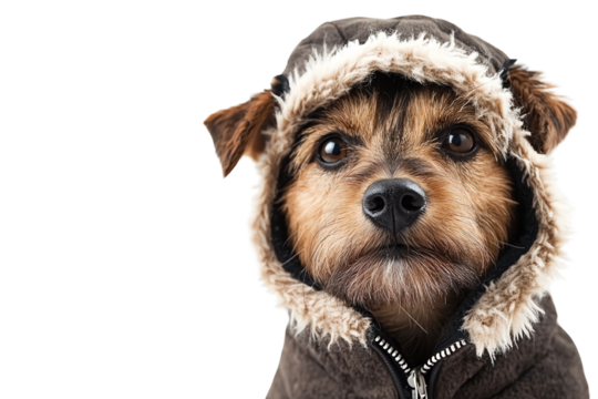 Adorable dog wearing a warm hoodie with a cozy fur lining, looking curiously at the camera against a white background.