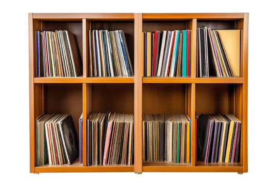 A wooden vinyl record shelf filled with colorful LP records against a white background.