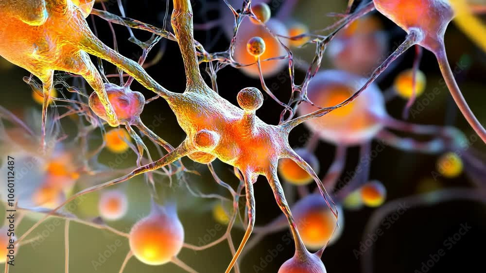 Poster a close-up view of a neuron, a type of nerve cell, highlighting its intricate structure and the conn