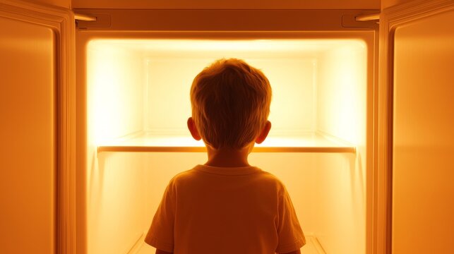 The Harsh Reality of Food Scarcity: Child Staring at Empty Refrigerator with Longing Eyes.