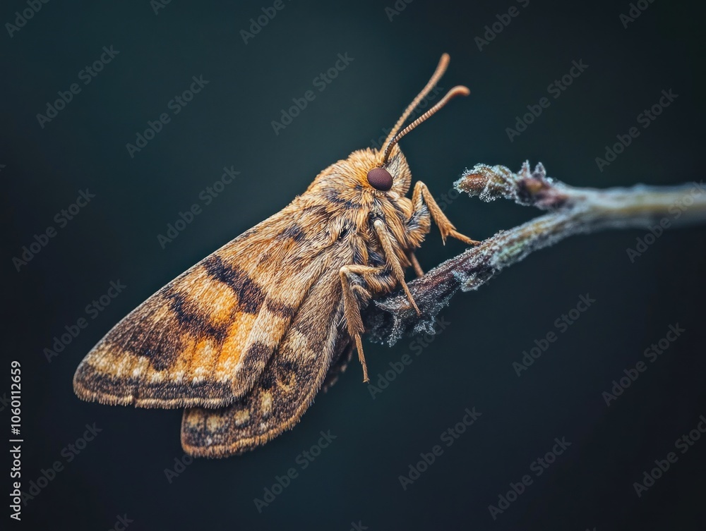 Poster a close-up of a moth perched on a twig, showcasing its intricate patterns and textures.