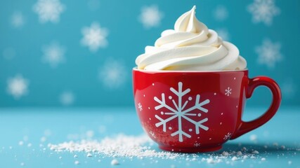 Festive red hot chocolate mug with whipped cream on blue background with snowflakes