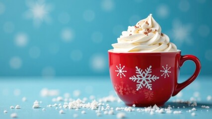 Festive red mug with whipped cream and snowflake design against a blue background