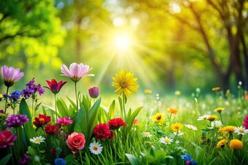Obraz premium Vibrant green grass and colorful flowers blooming in the warm sunlight amidst lush foliage, blooming plants, greenery