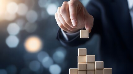 Business professional strategically places wooden block to build a strong foundation for success