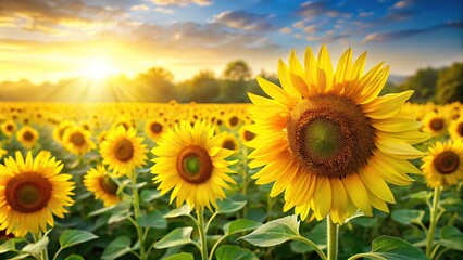 Vibrant sunflower field with bright yellow flowers swaying gently in the breeze, landscape, meadow