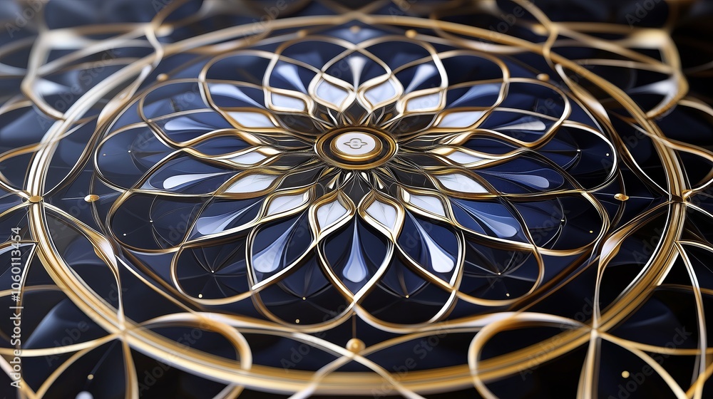 Poster a beautiful mandala with intricate patterns in gold and white on a dark background.