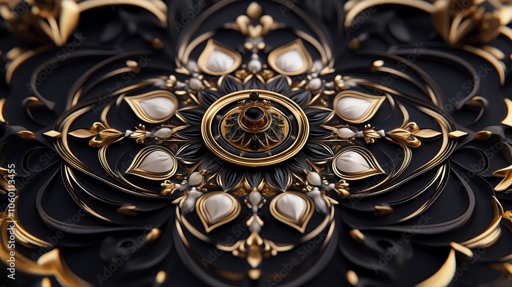 Poster a beautiful mandala with intricate patterns in gold and white on a dark background.