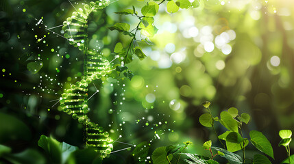 Green forest with a DNA strand in the middle. The DNA strand is surrounded by leaves and branches
