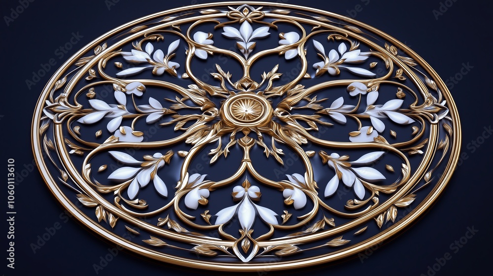 Poster a beautiful mandala with intricate patterns in gold and white on a dark background.