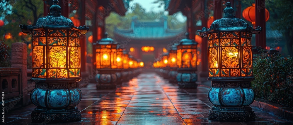 Poster Illuminated Pathway Lined with Ornate Lanterns in a Chinese Garden