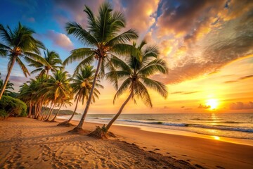 Warm sandy beach at sunset with palm trees swaying gently in the breeze, shoreline, palm tree, beach, ocean, waves