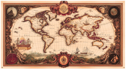 Fototapeta premium A beautifully detailed vintage map showing continents and oceans, with sepia-toned paper texture.