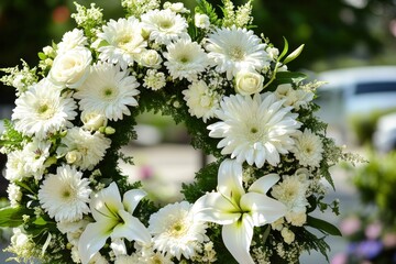 Traditional funeral flowers in a large wreath design, with white chrysanthemums and lilies symbolizing purity and remembrance