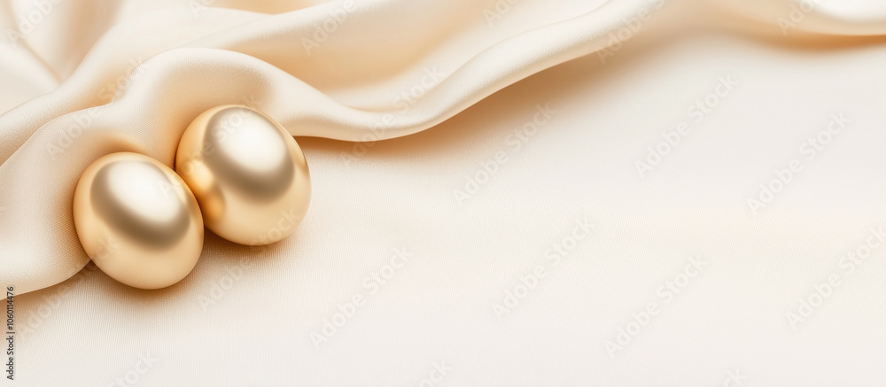 Poster smooth gold eggs resting on soft fabric create elegant composition